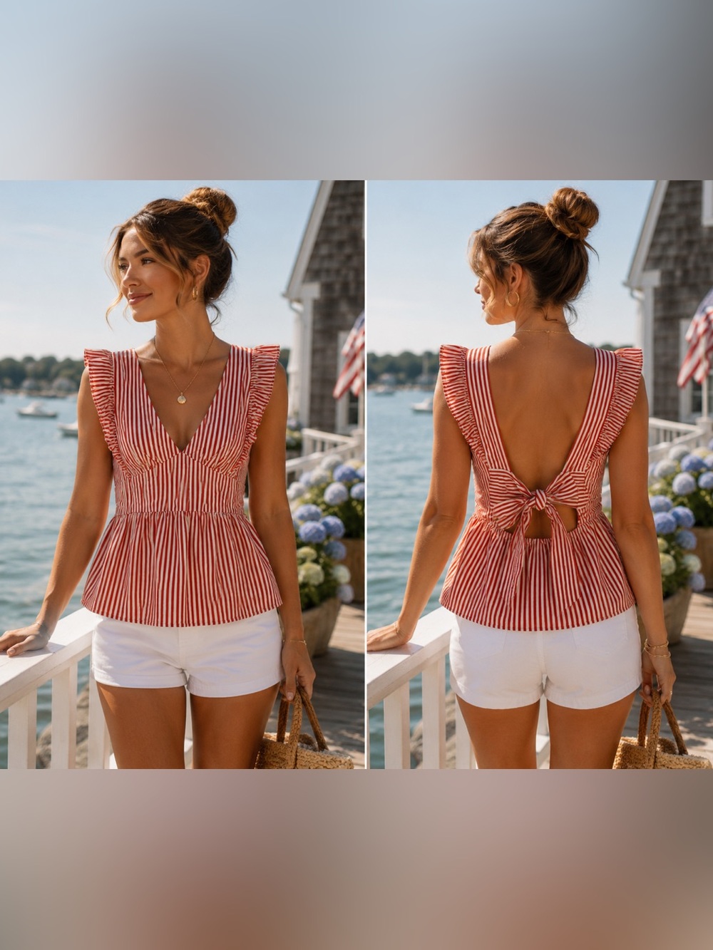 Women’s Striped Peplum Coastal Top M Key Hole Back Preppy Timeless Euro Summer